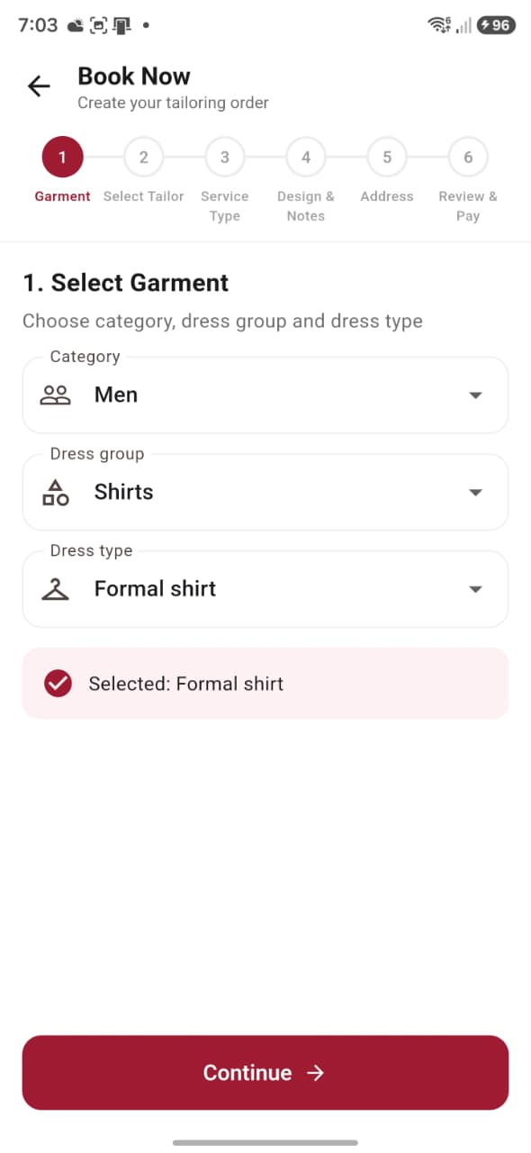 Garment selection in Metaia booking