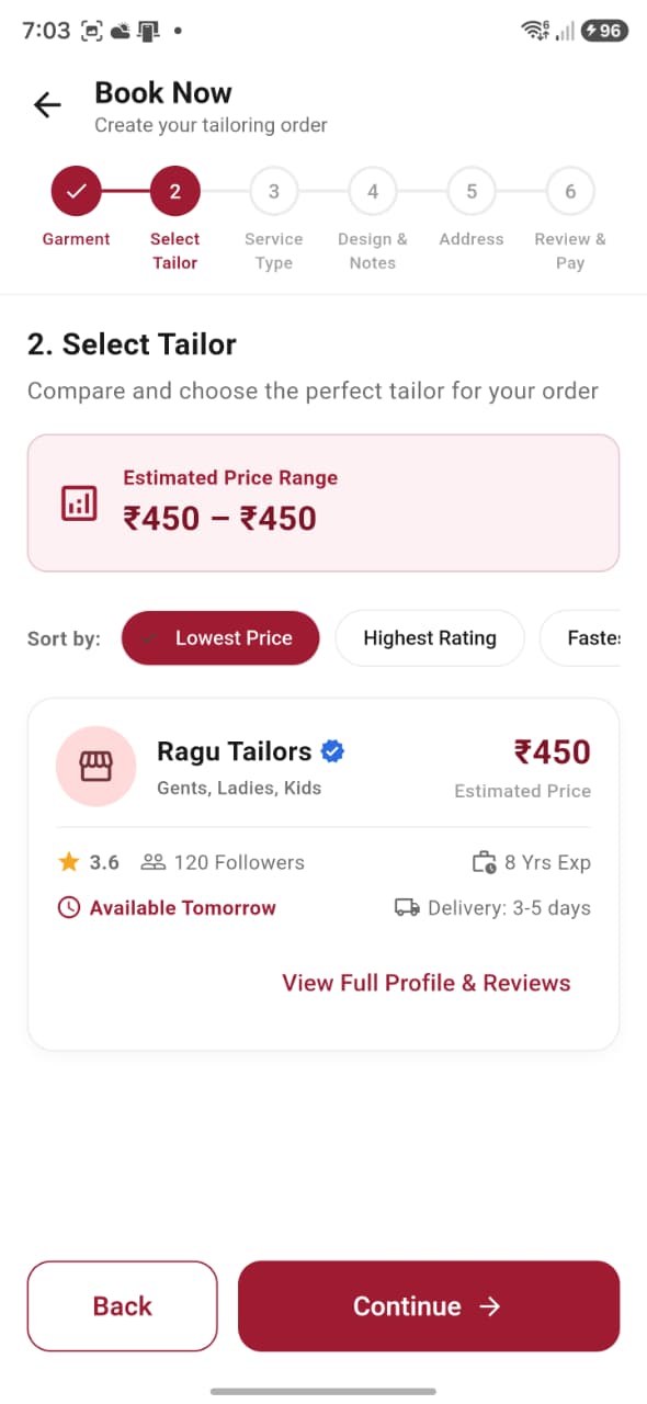 Tailor selection in Metaia booking
