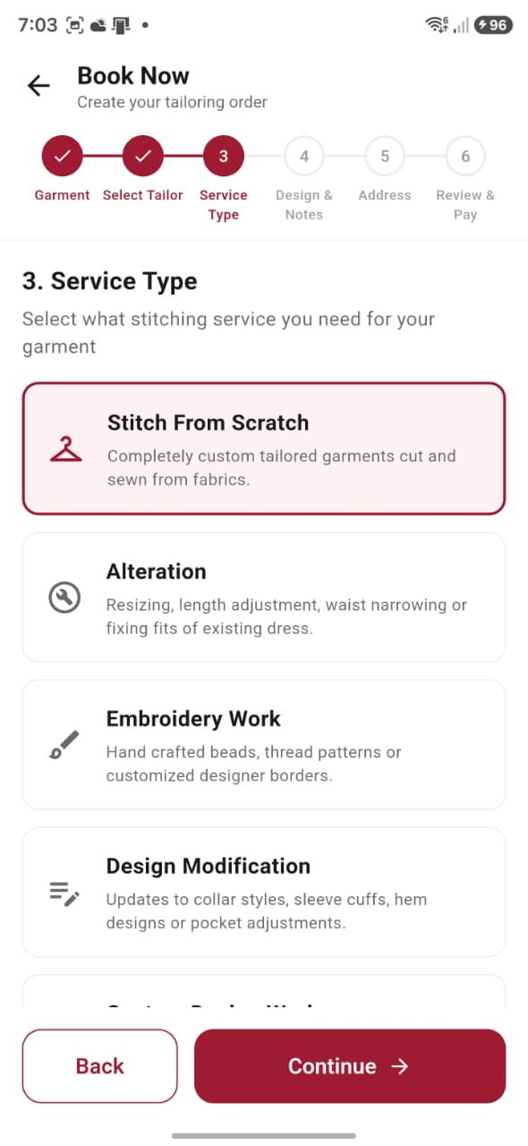 Service selection in Metaia booking