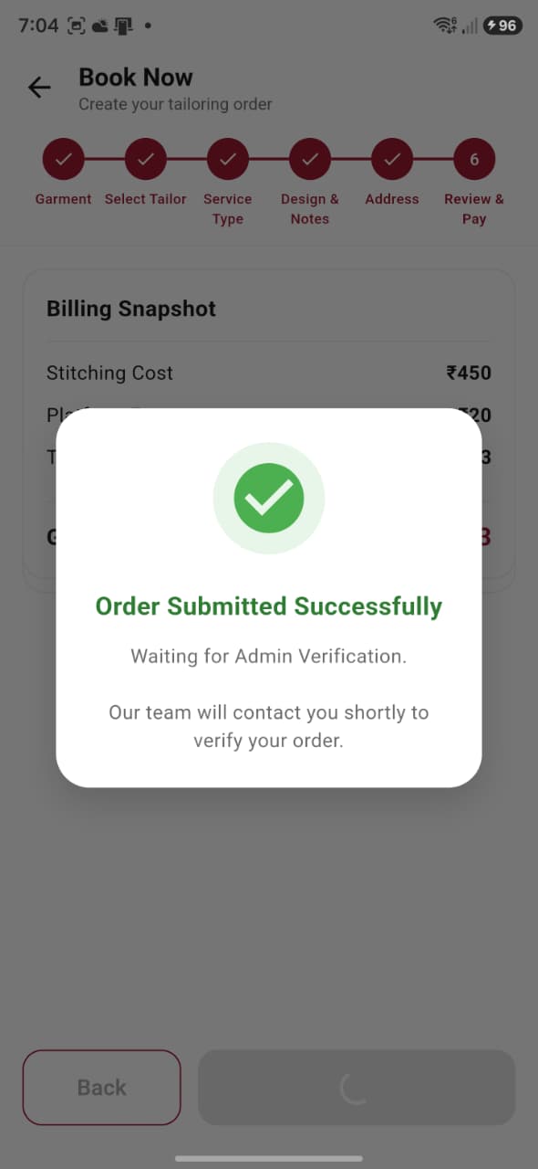 Booking complete screen in the Metaia customer app