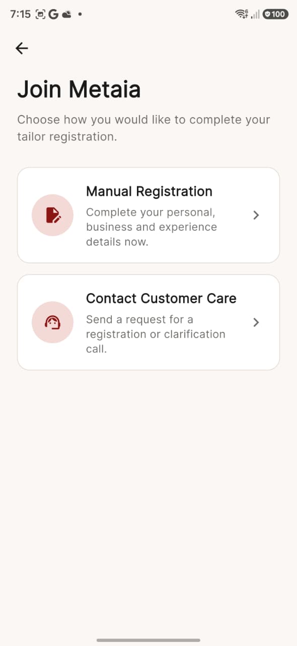 Metaia tailor registration choices