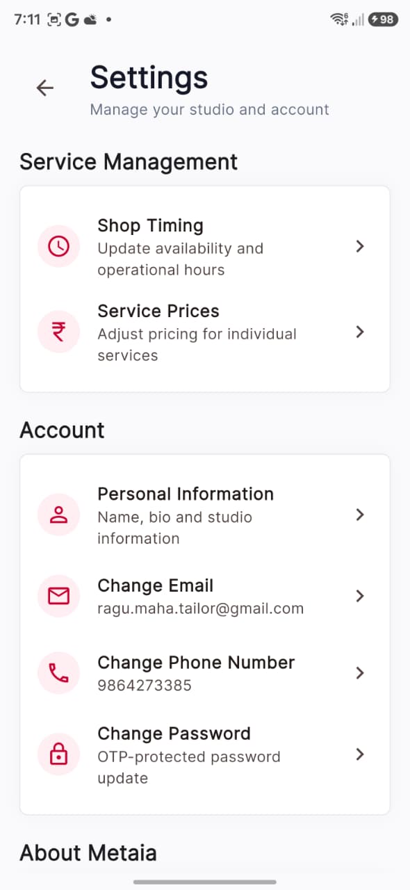 Metaia tailor settings